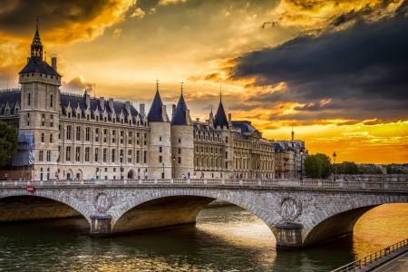 巴黎，日落，桥，河，天空，云，法国