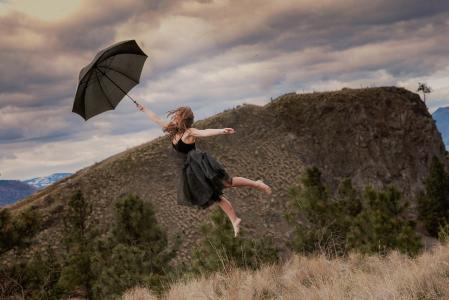 女孩，伞，飞行，悬浮，景观