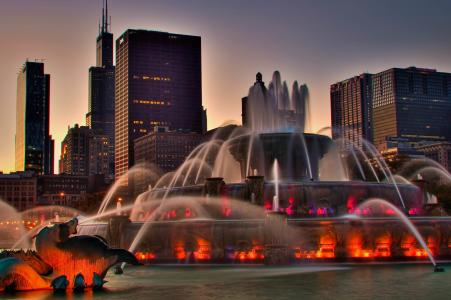 芝加哥，伊利诺伊州，美国，城市，房屋，喷泉，背光，晚上