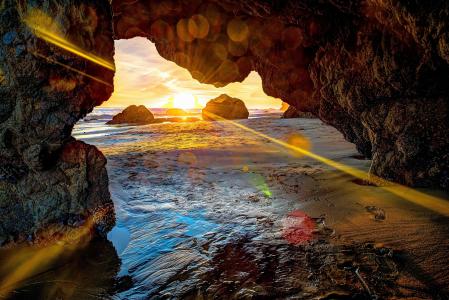 海，岸，岩石，日落，景观，石窟，洞穴，光线，太阳，石头，眩光