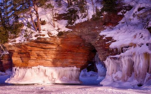 自然奇观，美国，冰洞，雪，冰，岩石，树木，美女，洞穴