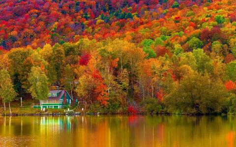 秋天，河，反射，房子，树，山