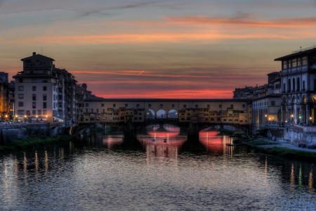 意大利，佛罗伦萨，Ponte Vecchio桥，美容，灯，建筑物，河，桥，日落