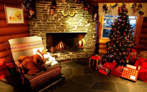 圣诞树，壁炉，房间