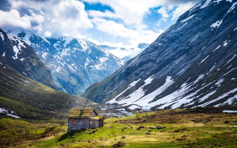 挪威，光线，房子，山，自然