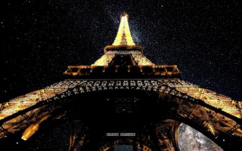 法国，塔，埃菲尔，城市，巴黎，夜晚，星星，光，灯