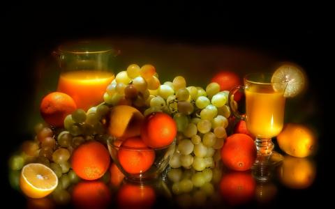果汁，葡萄，橘子，柠檬，发光