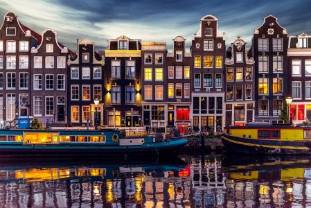荷兰，城市，阿姆斯特丹，晚上，房子，窗口，灯，运河