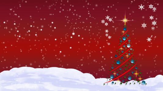 图片，新的一年，枞树，雪，红色背景