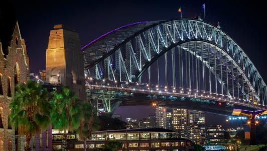 澳大利亚，悉尼，海港大桥，澳大利亚，城市，悉尼，桥梁，海港大桥，晚上，晚上，灯，灯，建筑物，棕榈树