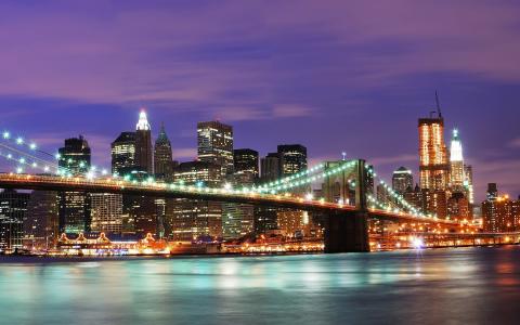 城市，纽约，房屋，摩天大楼，晚上，桥梁