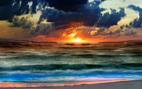日落，海洋，岸边，沙子