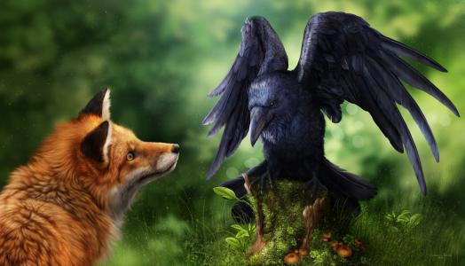 动物，狐狸，狐狸，鸟，乌鸦，艺术，photoshop