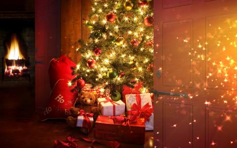 球，新的一年，假期，圣诞节，房间，内部，新年，装饰，装饰，装饰，装饰，圣诞树，礼品，装饰品，花环，灯，毛皮树，玩具