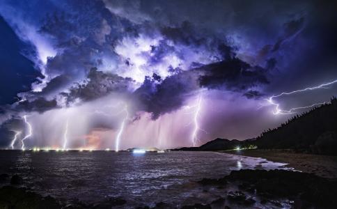 海，岸，天空，云，雷暴，闪电，自然的愤慨，thanhfab