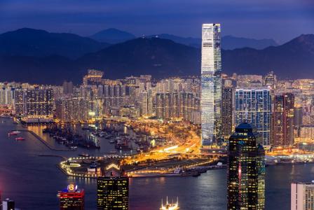 中国，香港，城市，海湾，摩天大楼，山，照明，灯，美女，夜