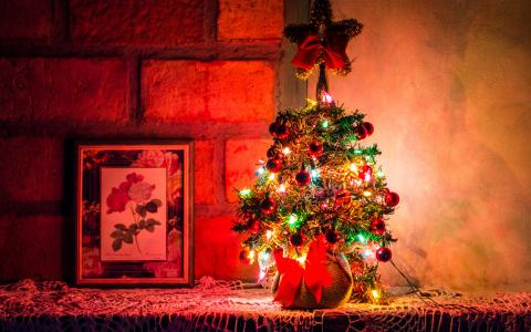 小圣诞树，玩具，彩色花环，图片，室内，新的一年