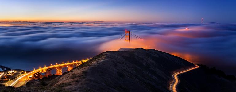 旧金山，雾，路，桥，灯，照明，美容，宽屏