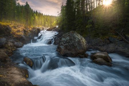性质，挪威，照片，奥列Henrik Skjelstad，河，森林，瀑布，瀑布，石头