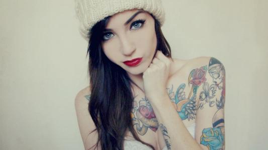 女孩，美丽，黑妞，纹身，看，帽子，嘴唇