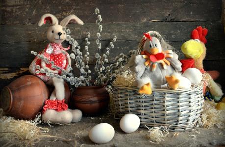 复活节，复活节，假期，篮子，鸡蛋，玩具，树枝，柳，野兔，鸟，鸡，公鸡