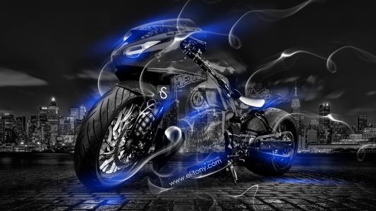 托尼·科汉摩托烟雾水晶城市自行车蓝色霓虹灯托尼·柯恩风格摩托车摩托车自行车烟烟透明城市夜晚蓝色蓝色