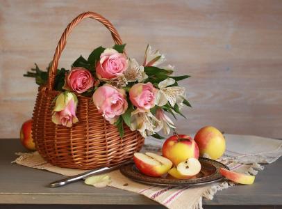 篮子，鲜花，玫瑰，六出，板，苹果，刀，水果