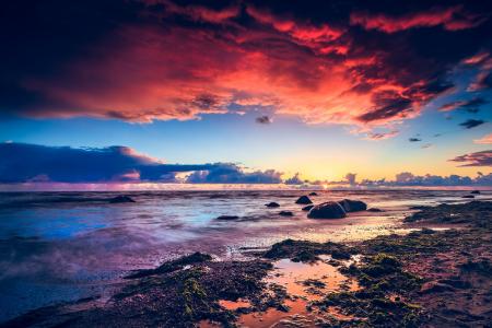 波罗的海，岩石，冲浪，红日落，鲁斯兰·波尔戈夫