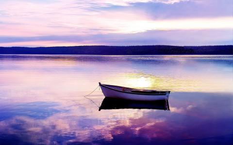 湖，表面，船，晚上，日落，美丽，壮观