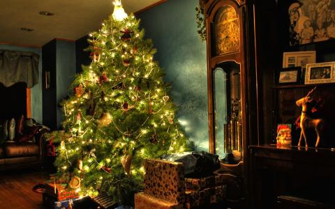 房子，树，新的一年，礼物，时钟