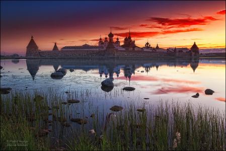 Solovki，黎明，反思，修道院，白夜，照片，米哈伊尔Vorobiev