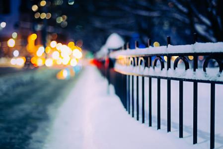 晚上，围栏，雪，冬天，灯，眩光，道路