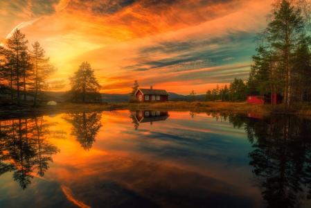 挪威，自然，湖，反射，房子