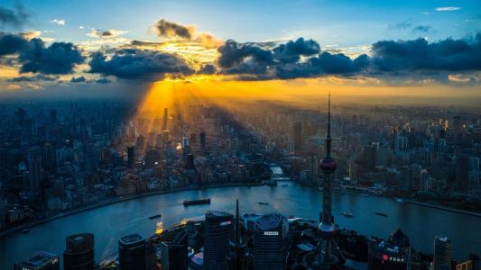上海，中国，河，光，建筑