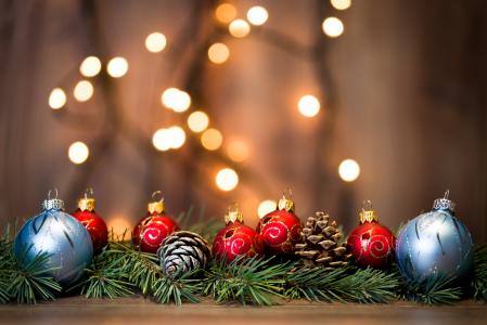 假期，新的一年，圣诞节，分支机构，云杉，枞树，针，锥，玩具，球，散景