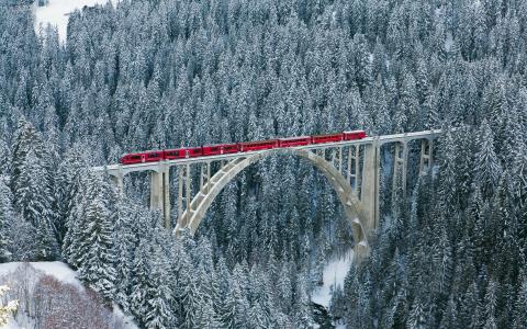 瑞士，阿尔卑斯山，森林，冬天，性质，火车，桥，火车，超级照片