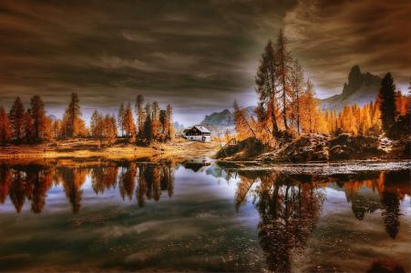 白云石阿尔卑斯山，意大利，水，树，秋天
