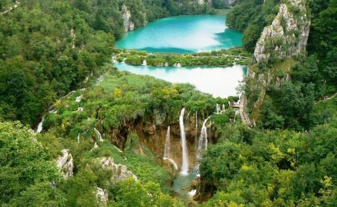 自然，克罗地亚，度假村，森林，瀑布，人，游客，美丽，山，岩石，瀑布，性质，克罗地亚