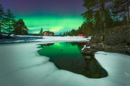 自然，冬天，挪威，雪，水，石头，房子，夜晚，光辉
