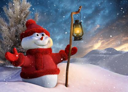 圣诞节，新的一年，微笑，灯笼，雪人，下雪