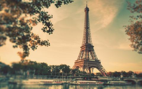 巴黎，艾菲尔铁塔，巴黎，埃菲尔·维加，桥，河，塞纳河，晚上，日落