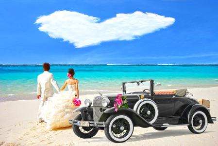 新婚夫妇，汽车，复古，海滩，海，天空