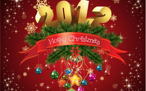 2012年，快乐的圣诞节，毛皮树，雪花，丝带，玩具，球，星星，钟