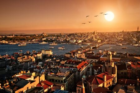 晚上，城市，日落，伊斯坦布尔，土耳其，全景，风景，伊斯坦布尔