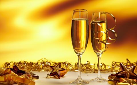 新年，礼物，香槟，星号，丝带