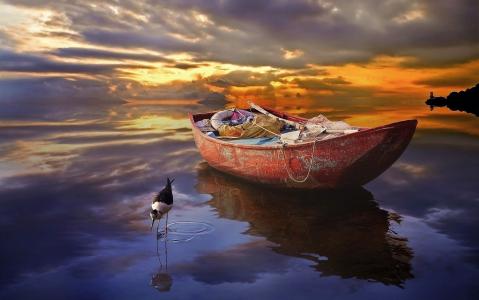 海，日落，小船