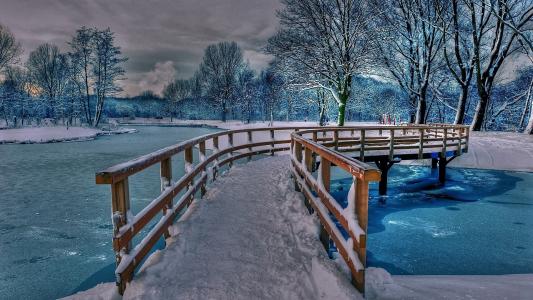 冬天，池塘，桥，美丽