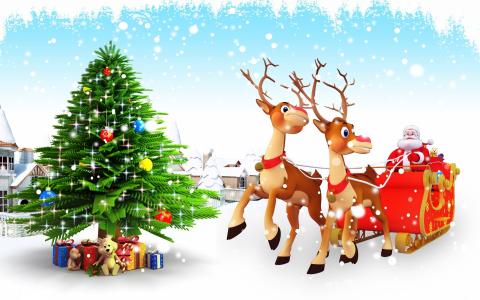 鹿，新年，心情，孩子，艺术，假期，圣诞树，圣诞老人，雪橇