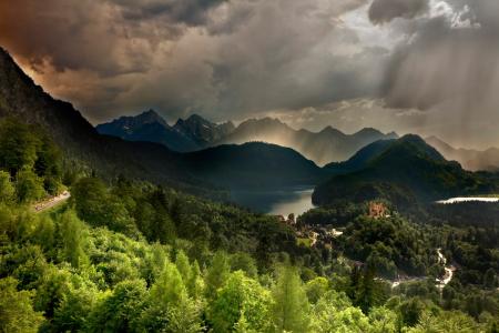 自然，景观，巴伐利亚，山，丘陵，阿尔卑斯山，河，森林，城堡，新天鹅堡，新天鹅堡
