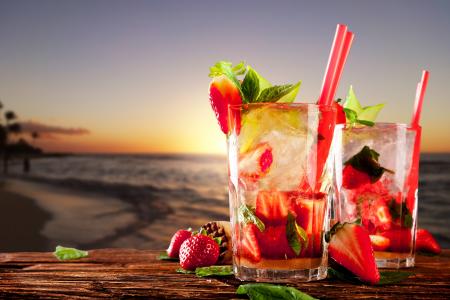 饮料，玻璃，草莓，日落